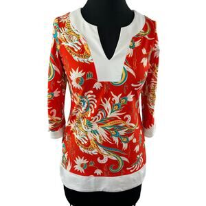 JUDE CONNALLY Vibrant Stretch Nylon Split Orange Dragon Asian Motif 3/4 Top XS